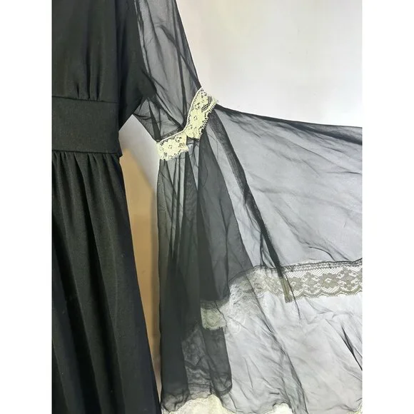 Vintage 70s Dark Romantic Wedding Mid Evil Gown Dress Black Sheer Bell  Sleeve